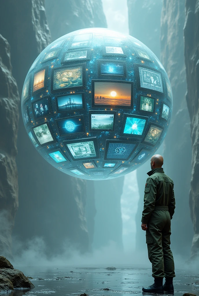 floating transparent sphere full of technological screens each with different images, and a bald man dressed in modern military green overalls on the side and outside of that sphere looking at her