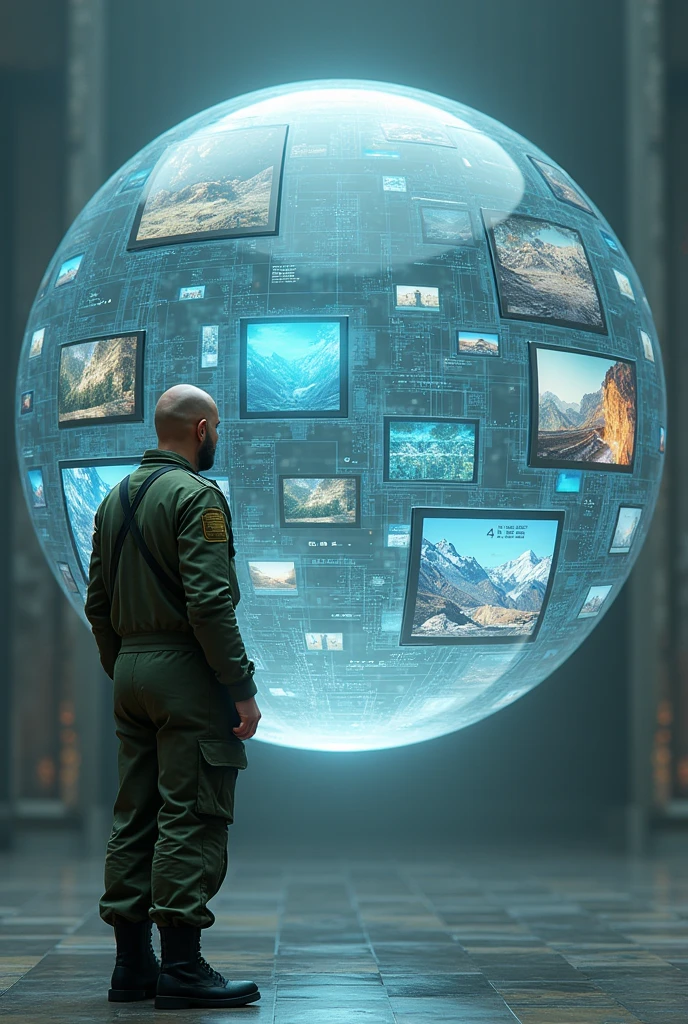 floating transparent sphere full of technological screens each with different images, and a bald man dressed in modern military green overalls on the side and outside of that sphere looking at her