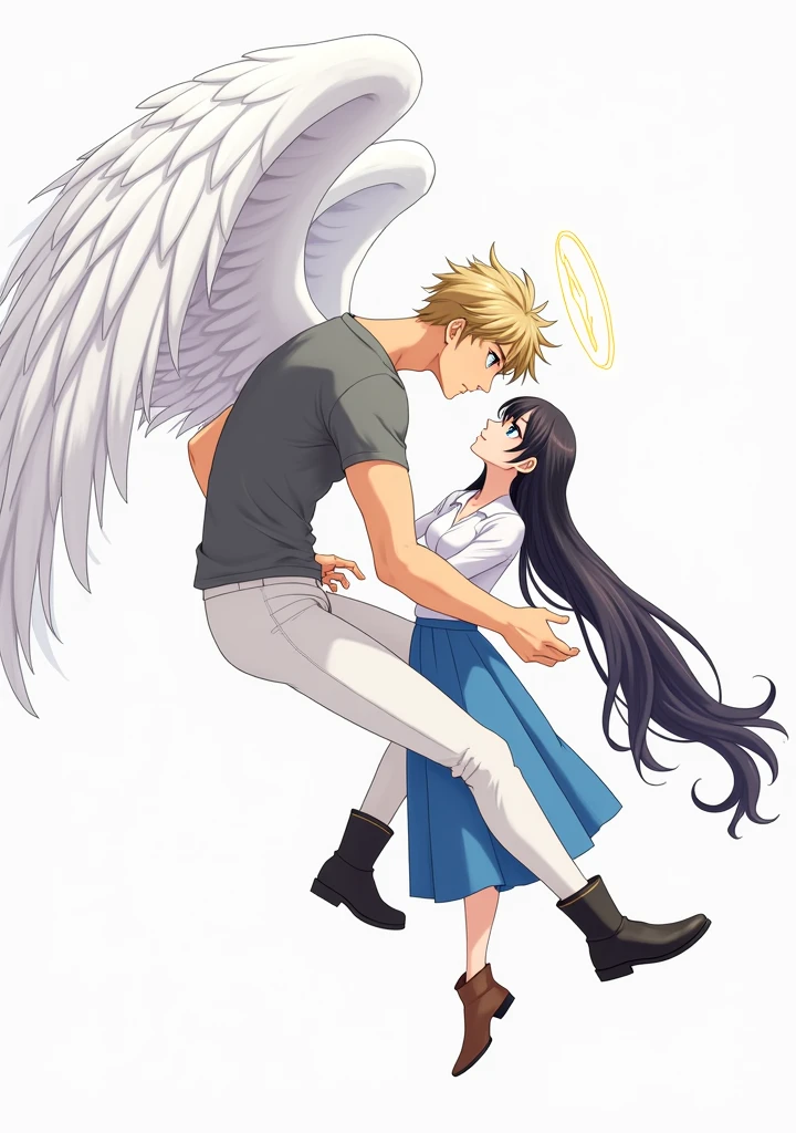 man, blond with brown eyes, beautiful body, gray t-shirt, white pants, Beautiful face, black boots, Large angel wings, stretches out his hands to a girl with black long hair, blue eyes, in a white shirt and a long blue skirt, with brown boots, with large English wings., anime art, masterpiece, realistically, professional photo , super detail