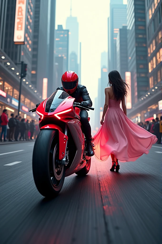 Wheeling, bike exhaust,biker with  red helmet,red futuristic bike,a girl silky waving light pink dress,on black road background with sky sctpping street and crowd.