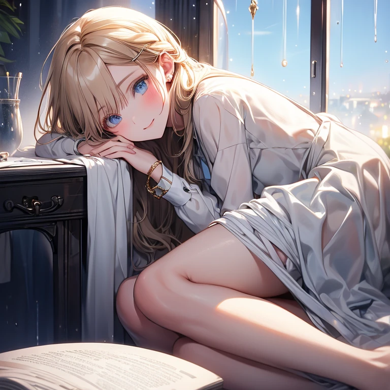 Attention to detail, high quality, high resolution, 4K, 8K, she sleeps at the desk, outside the window is raining, she has long gold hair, she feels relaxed, she has beautiful eyes, blue eyes, casual cloth, warm atmosphere, calm atmosphere, relax atmosphere