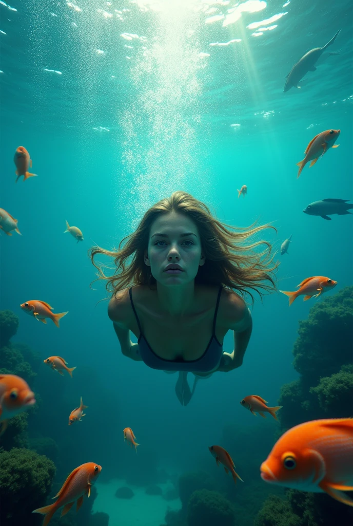 "I am an ,I am diving at the bottom of the sea and looking at the camera, surrounded by beautiful fish."
More human look and long hair
Full picture