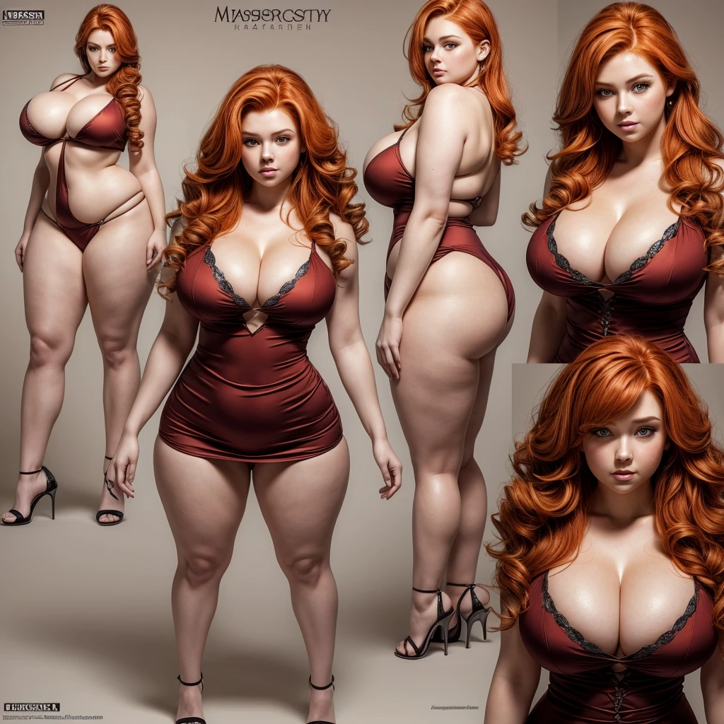 (masterpiece), (high quality), crazy details, Character Design Sheet , beautiful young chubby woman, overweight, irish redhead, long wavy ginger hair, tight dress with deep cleavage, big breast, curvy body, character reference sheet, character turn around different poses and expressions