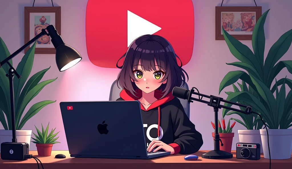 Create a image of "A 18 years anime girl sitting in front of a computer desk with a microphone and laptop, wearing black and red hoodie with the Channel Name on it "GRO". The background includes a large YouTube logo on the wall, potted plants on either side, and various recording equipment."