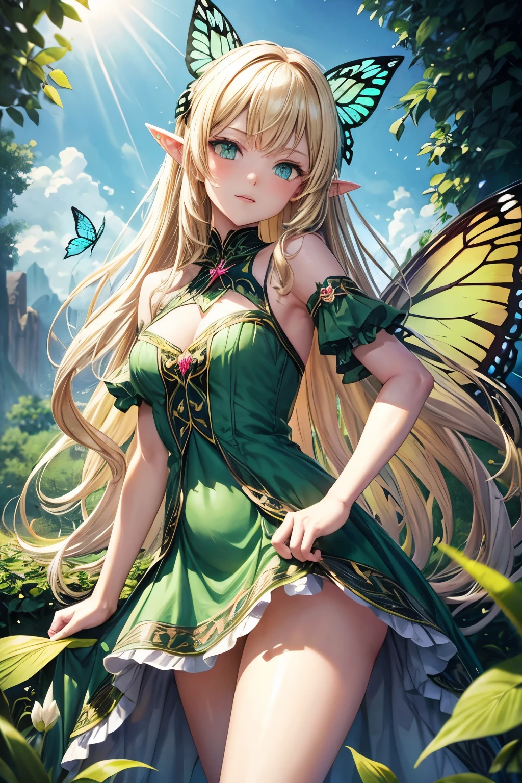 Long blonde hair,green eyes,Pointed ears,Girl,Butterfly wings,Naughty,Fairy