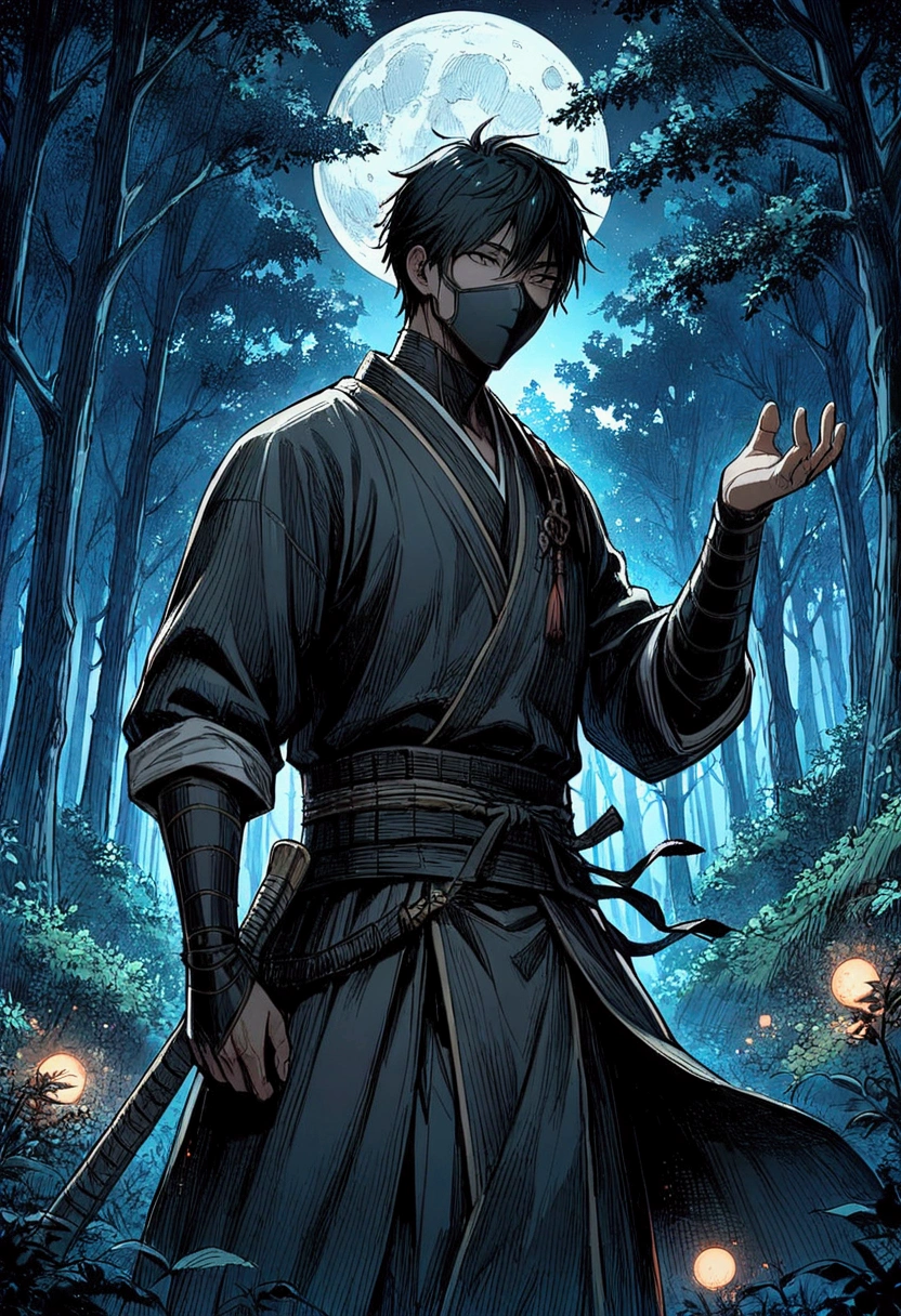 A guy who look a samouraï with black mask, a bare on his left hand, and look in front of him, on a forest with the moon behind him