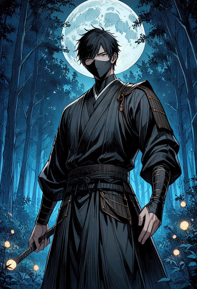A guy who look a samouraï with black mask, a bare on his left hand, and look in front of him, on a forest with the moon behind him