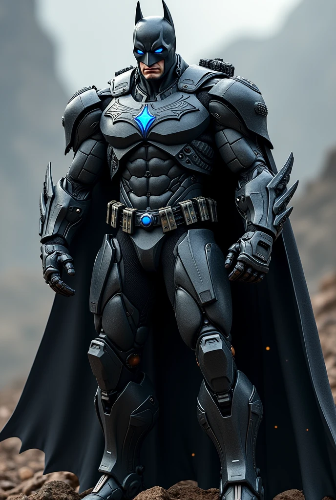 Suppose that Iron Man design a Batman suits color is black and heavy suit and machine gun and missile like war machin armor chest ark reactor glow blue light and shoulder machine gun