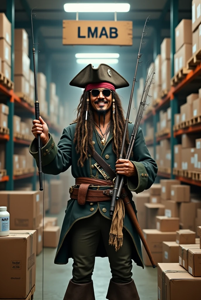 Create an image of Jack Sparrow, who is standing in front of a lot of packages and has several fishing rods and fishing equipment in his hand.
Jack Sparrow is said to be in a returns warehouse for fishing equipment.
He should laugh in a friendly manner. look at the camera, zoom in and present the fishing and hold a package. Wear sunglasses. Above him hangs a sign that says " LMAB"