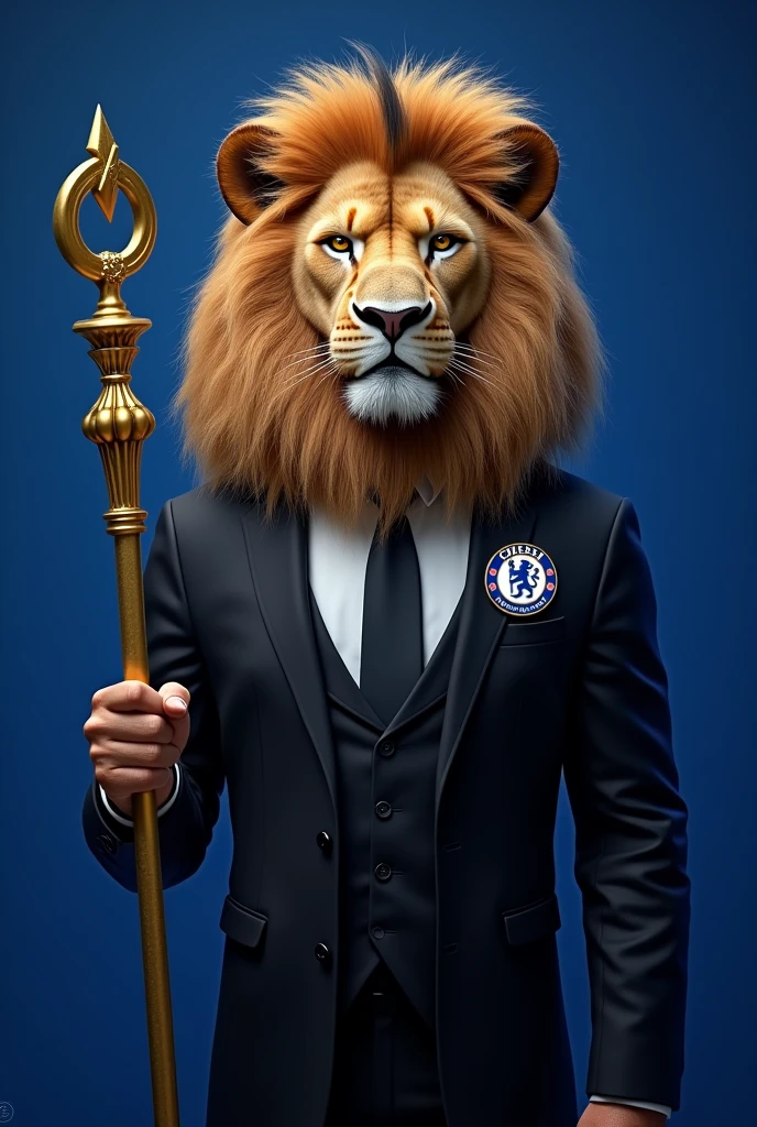 Create an image of a lion in a black suit with the Chelsea football club symbol on the chest in small size . The lion is holding a golden staff . Blue background with Chelsea football club waste. 4k ultra realistic