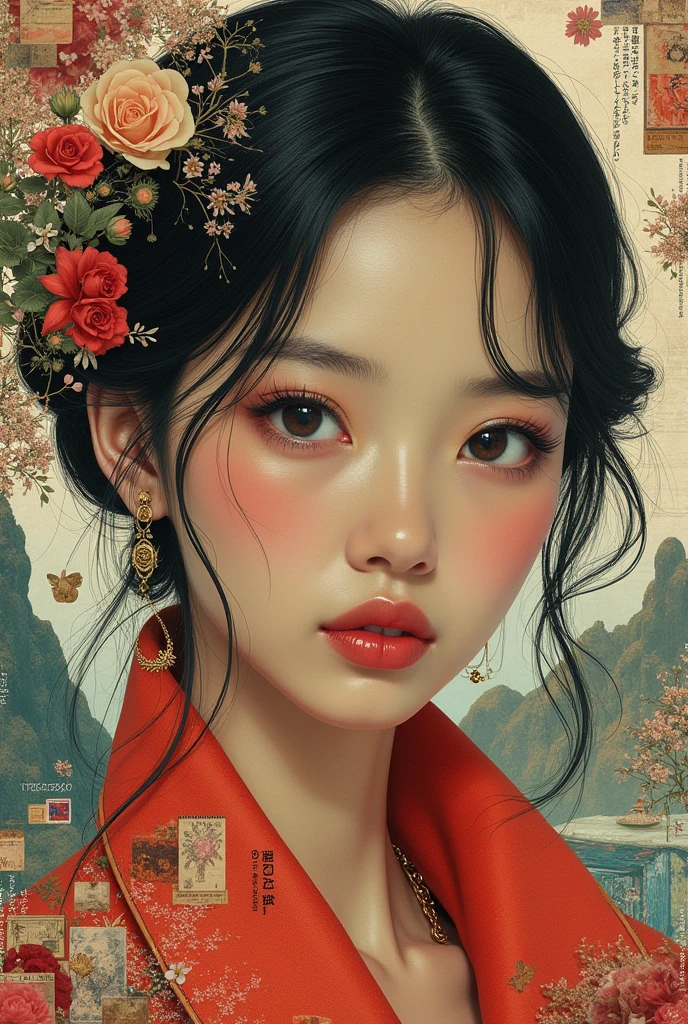 Create a creative arts design, hand-made collage style, inspired by the art of Moebius using a collage technique, ((the words "Gucci or The Girl" written within it)), korean woman, 