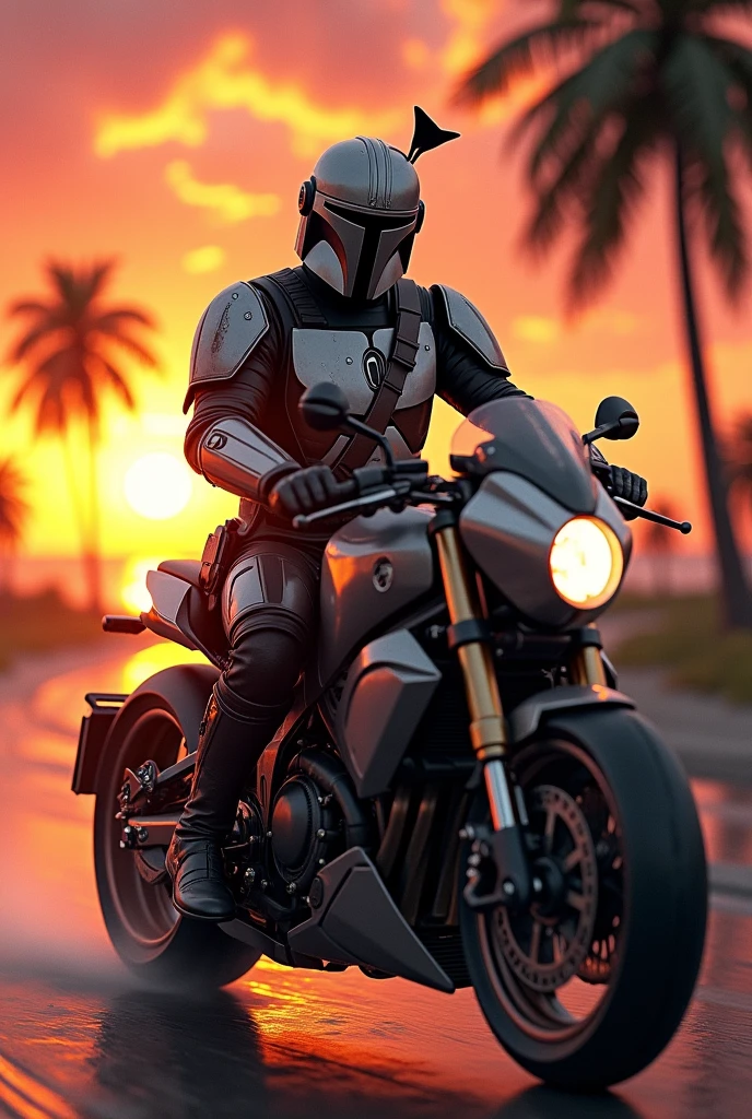 Mandalorian riding a motorcycle with a paradisiacal sunset, with a close up of his armor