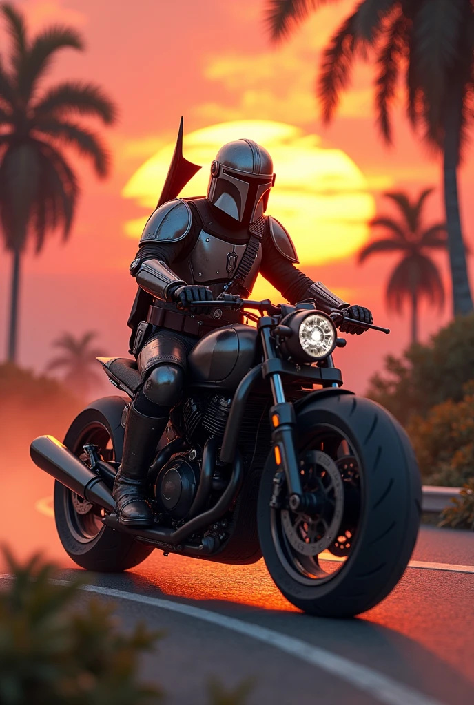 Mandalorian riding a motorcycle with a paradisiacal sunset, with a close up of his armor