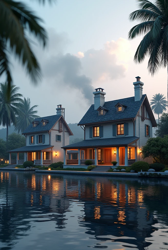two country houses in the middle of a river, chimney smoke, palm trees, lamps, ultra-realistic 8k