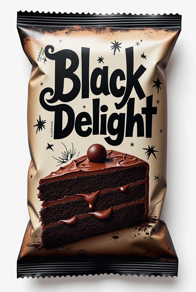 Create an image of a chocolate cake packaging with the black delight logo and it doesn't look very elegant