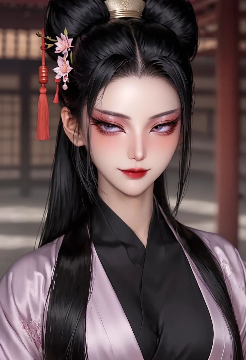 1 woman,sexy,long black hair,high ponytail,shiny hair,skin details,beautiful face,Exquisite makeup,exquisite eyes,eye details,dark eyeshadow,villain,Plain Hanfu,shoulder,arm