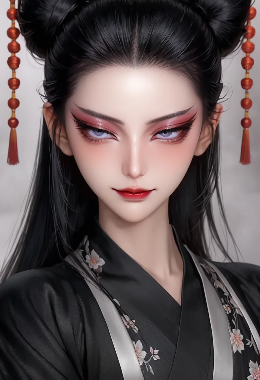 1 woman，sexy，long black hair，high ponytail，shiny hair，skin details，beautiful face，Exquisite makeup，exquisite eyes，eye details，dark eyeshadow,villain，Plain Hanfu，shoulder，arm