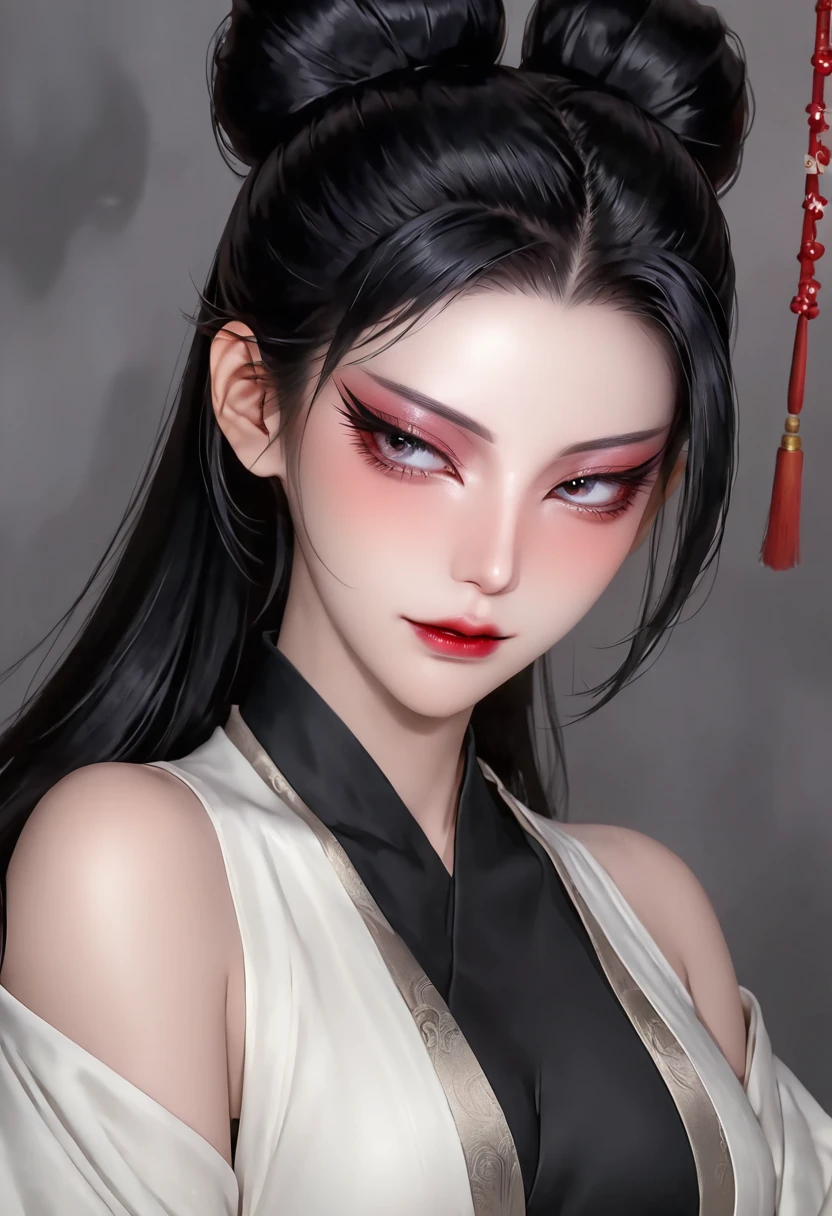 1 woman，sexy，long black hair，high ponytail，shiny hair，skin details，beautiful face，Exquisite makeup，exquisite eyes，eye details，dark eyeshadow,villain，Plain Hanfu，shoulder，arm
