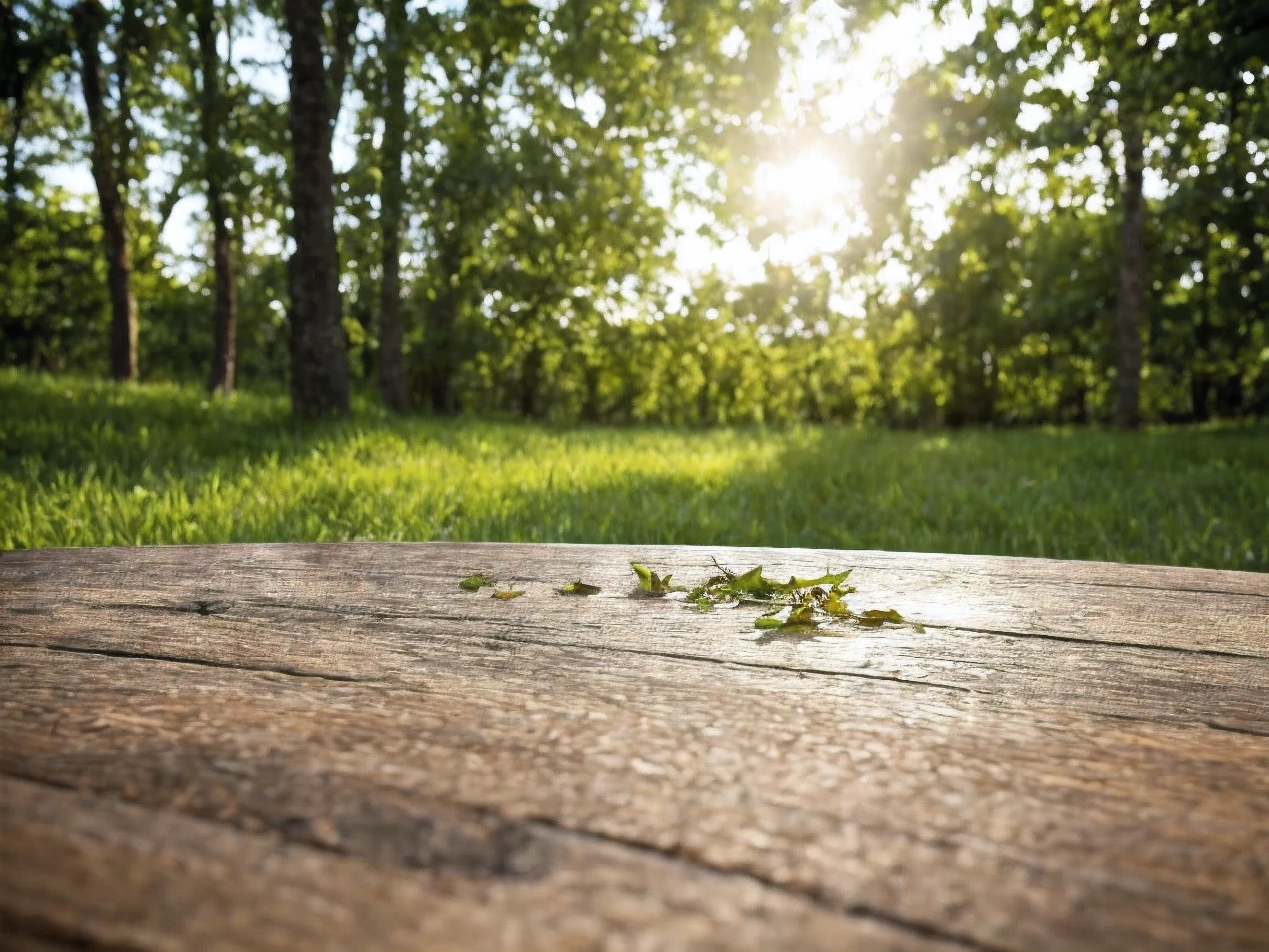 Highest quality,4K,8k,High resolution,masterpiece:1.2,Very detailed,Realist,fotorRealist:1.37 Rustic Table Close-Up、Symbolizing summer,Summer atmosphere,Bokeh with depth like young leaves,Young leaves on background,Fallen young leaves on soft soil,Filtered natural light,Warm Gold、Subtle bokeh effect,Part of the background is blurred. Table texture detail.,Refreshing colors reminiscent of summer Attention to detail, Emphasise the warmth and comfort of the scene