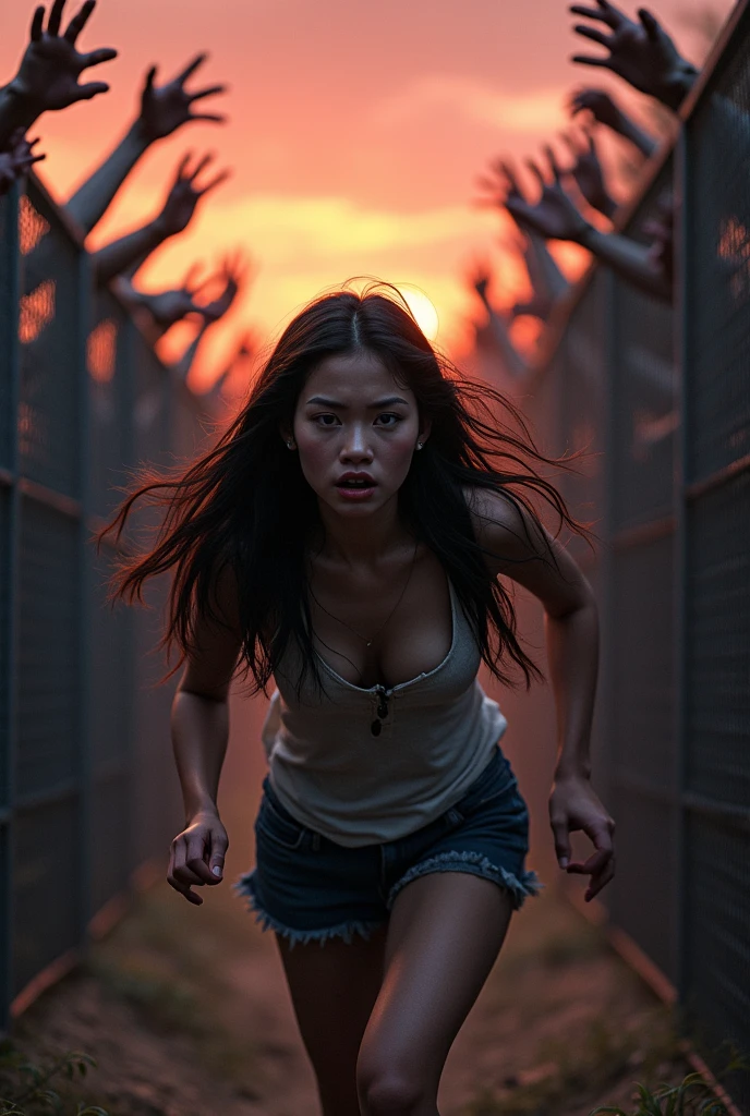 A Thai girl with long hair reaching her mid-back is walking forward, her face filled with fear. Behind her, a fence is covered with zombies reaching out their arms towards her. The scene is set at dusk, capturing a sense of urgency and dread. Use intense color grading and a mix of close-ups and wide shots to convey the dramatic atmosphere.