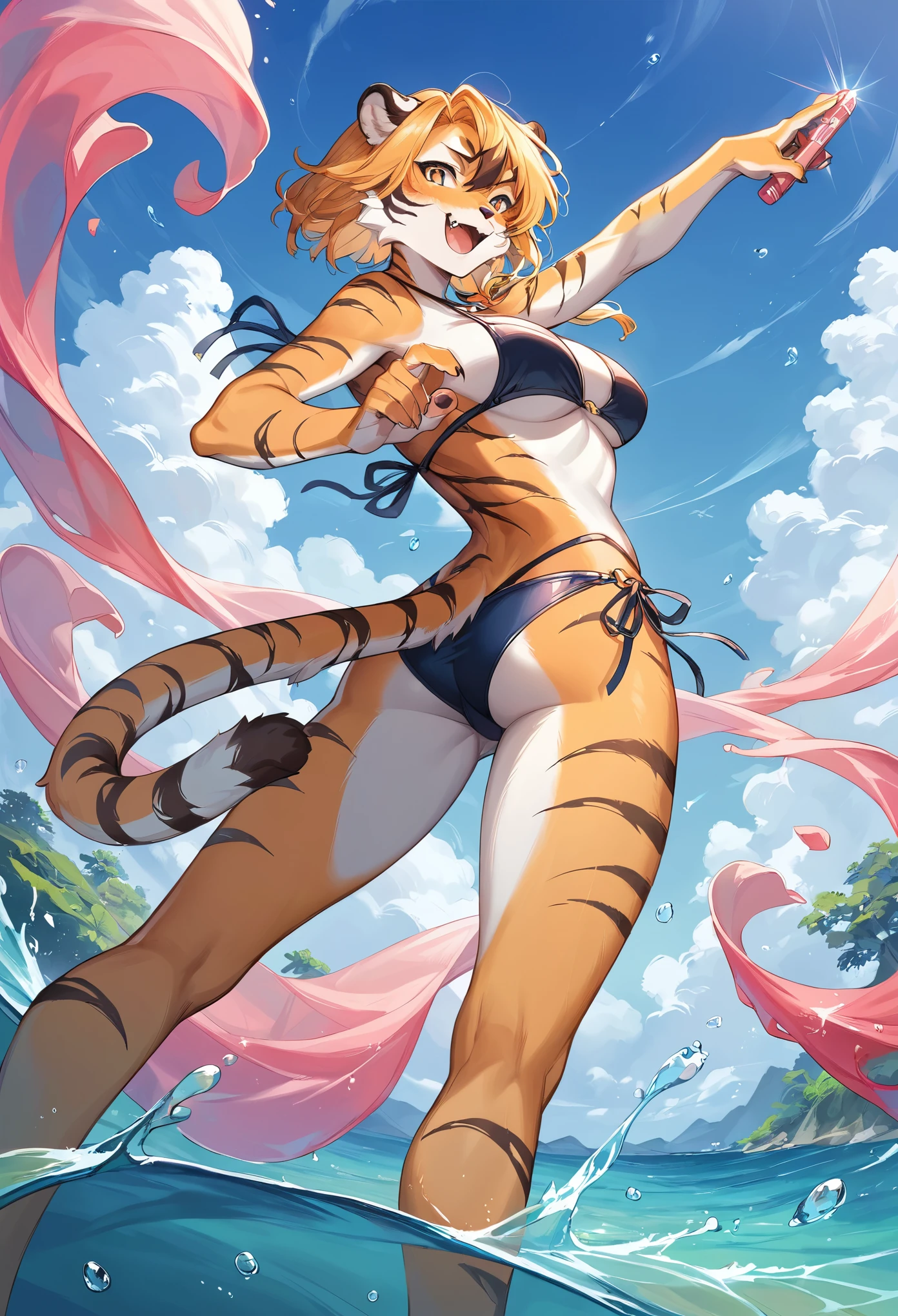 rating_safe, score_9, score_8_up, score_7_up, score_6_up, score_5_up, score_4_up, hires, source_furry(​masterpiece, top-quality, Official art)Look at viewericro bikini, tiger and girl, Tiger painting}A flash of light runs, Colorful water levitation,