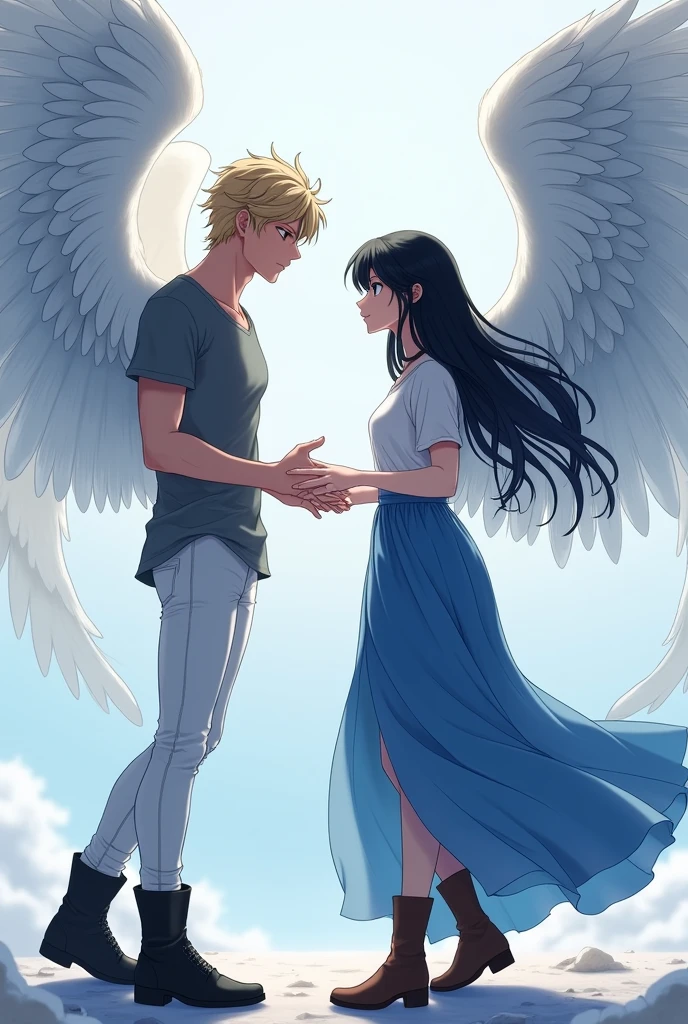 man, blond with brown eyes, beautiful body, gray t-shirt, white pants, Beautiful face, black boots, Large angel wings, stretches out his hands to a girl with black long hair, blue eyes, in a white shirt and a long blue skirt, with brown boots, with large English wings., anime art, masterpiece, realistically, professional photo , super detail