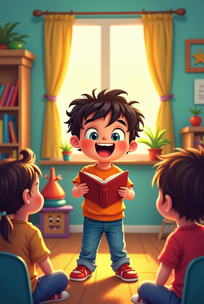 Poster of story telling competition , cartoon theme , one child is saying story other children are listening it