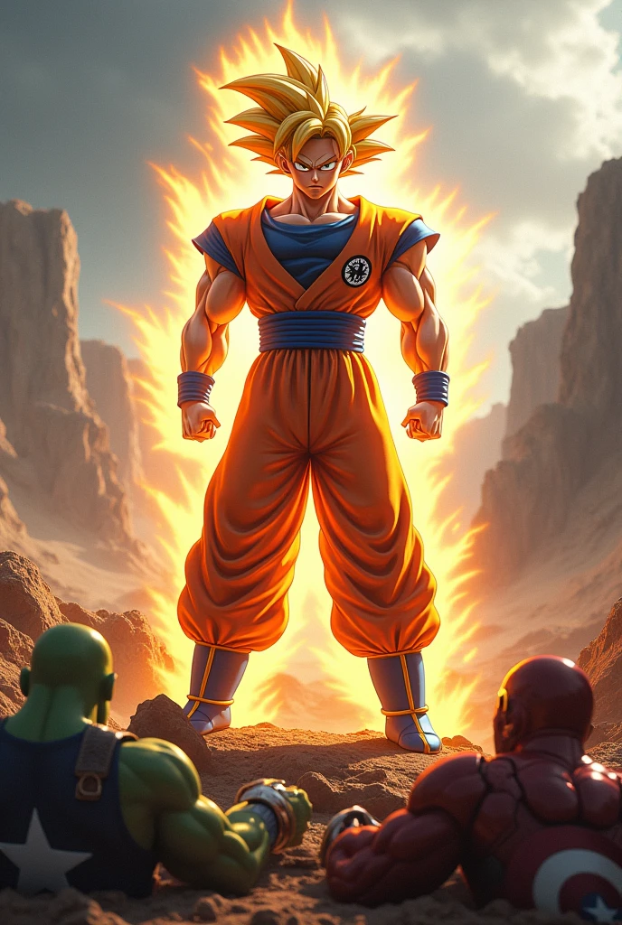 hình ảnh thực tế, Goku Ultra Instinct fights the Avengers, Goku chiến thắng, (thor) (the hulk) (iron man) (captain america) all lie at Goku&#39;s feet.