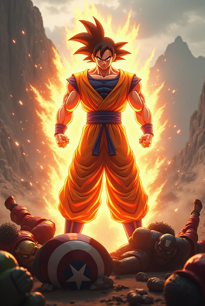 hình ảnh thực tế, Goku Ultra Instinct fights the Avengers, Goku chiến thắng, (thor) (the hulk) (iron man) (captain america) all lie at Goku&#39;s feet.