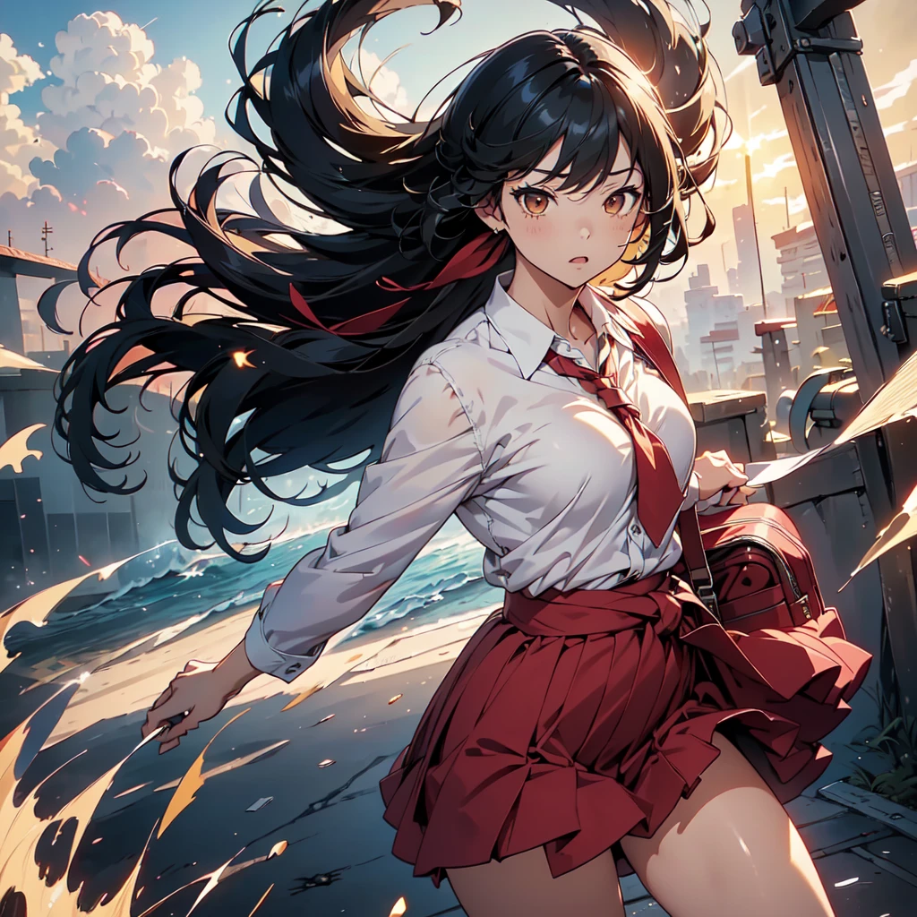 1girl,(((Perfect Anatomy、Highest quality、Masterpiece、Official Art、Super detailed、Dynamic structure、Anime Style)))、、Red dress with large yellow buttons around the waist、White Y-shirt、Red on the neck🎀、White knee-high socks、Brown Loafers、Carrying a red backpack、A soprano recorder is visible from the school bag.、Being buffeted by strong winds、Image from above、Strong wind blowing from the viewer's side、Strong wind blowing from the direction of travel, hair blowing back、Yellow simple background、Black Hair、storm、