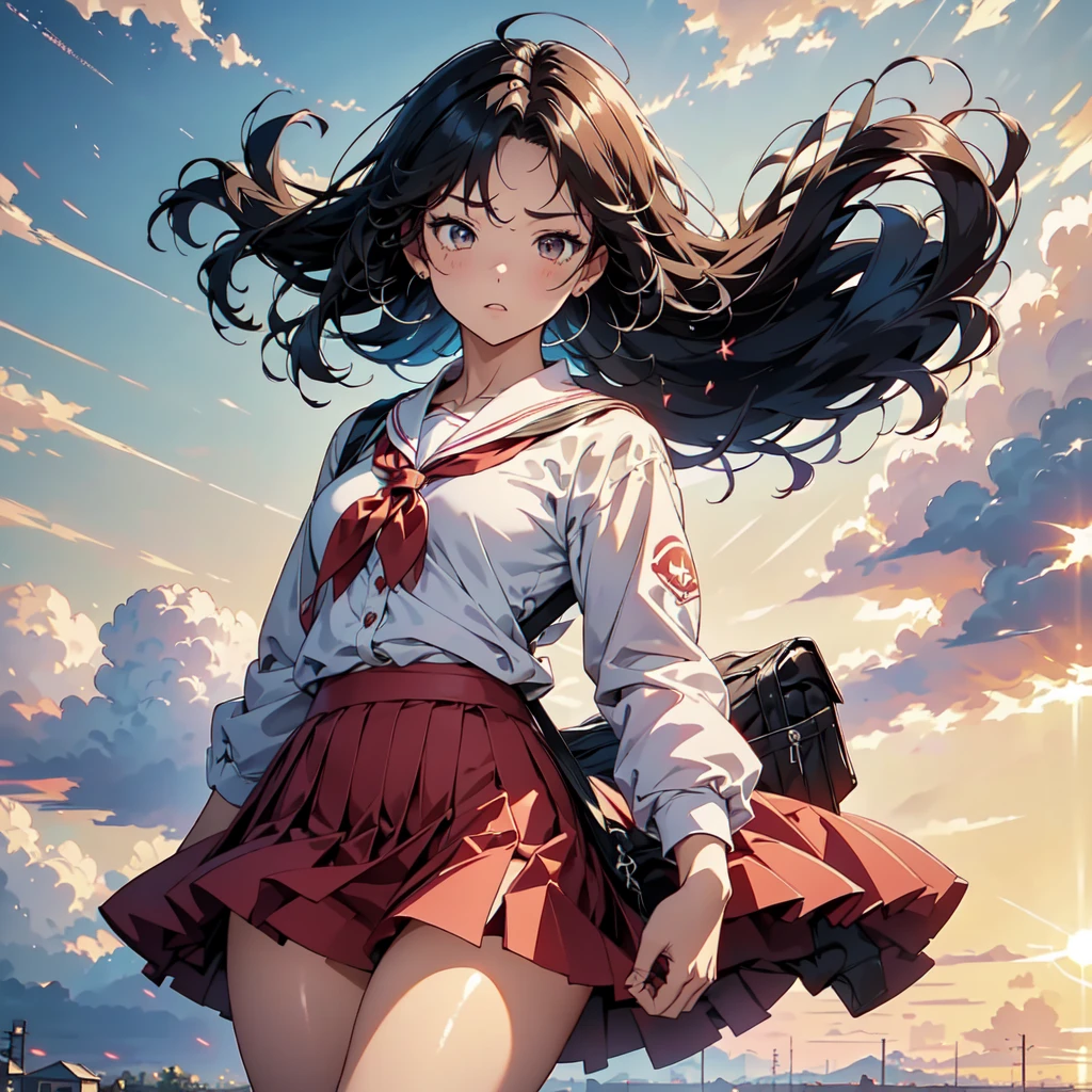 1girl,(((Perfect Anatomy、Highest quality、Masterpiece、Official Art、Super detailed、Dynamic structure、Anime Style)))、、Red dress with large yellow buttons around the waist、White Y-shirt、Red on the neck🎀、White knee-high socks、Brown Loafers、Carrying a red backpack、A soprano recorder is visible from the school bag.、Being buffeted by strong winds、Image from above、Strong wind blowing from the viewer's side、Strong wind blowing from the direction of travel, hair blowing back、Yellow simple background、Black Hair、storm、