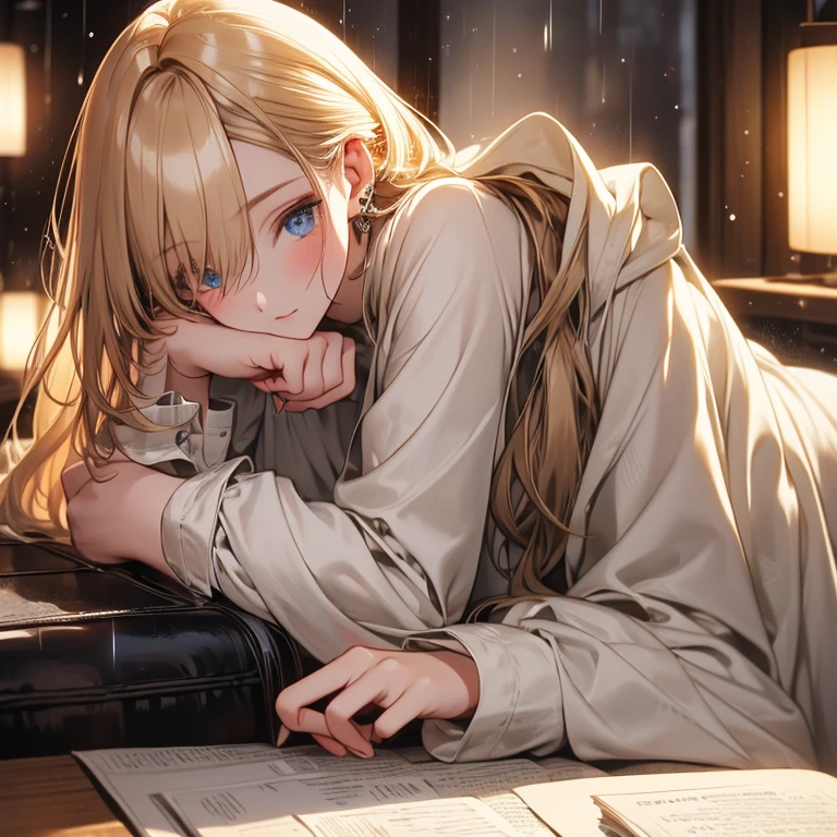 Attention to detail, high quality, high resolution, 4K, 8K, she sleeps at the desk, outside the window is raining, she has long gold hair, she feels relaxed, she has beautiful eyes, blue eyes, casual cloth, warm atmosphere, calm atmosphere, relax atmosphere