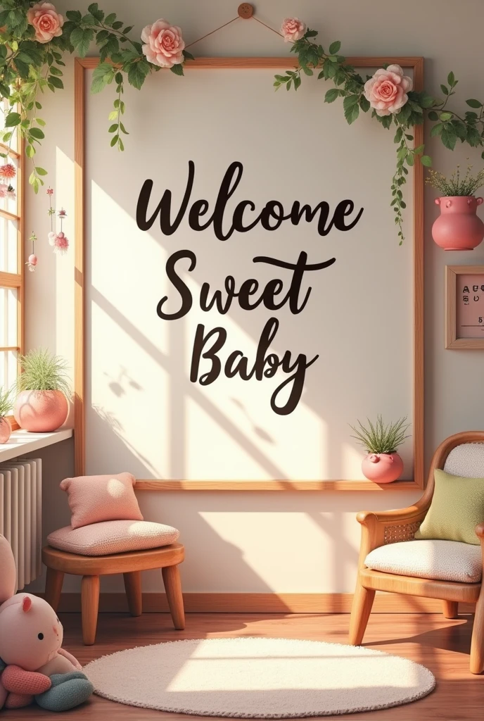 create an image  in which  poster on the wall and  ''WELCOME SWEET BABY '' written on it and room is full decor with newborn baby things