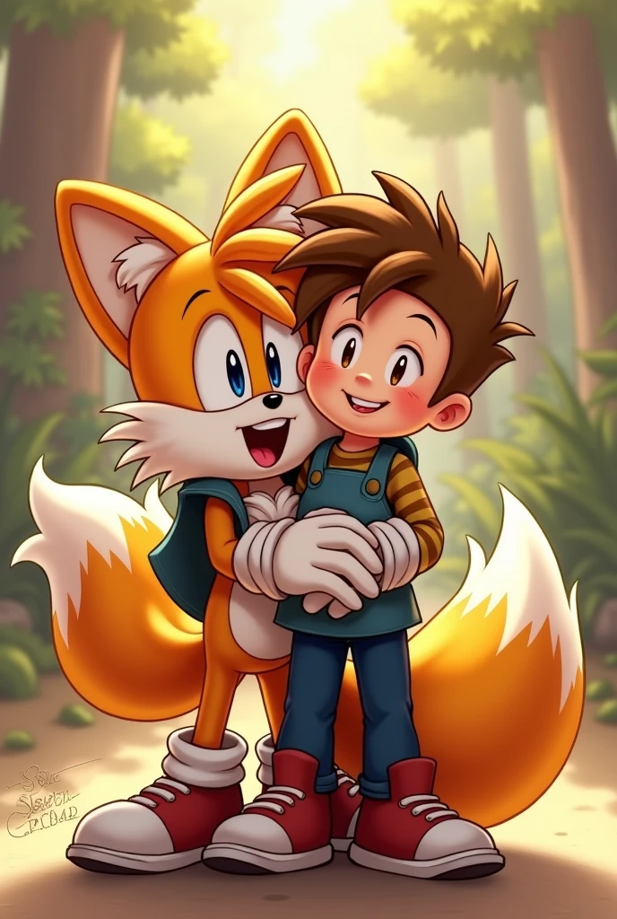 Tails happily hugging a younger boy with his shoes and gloves on