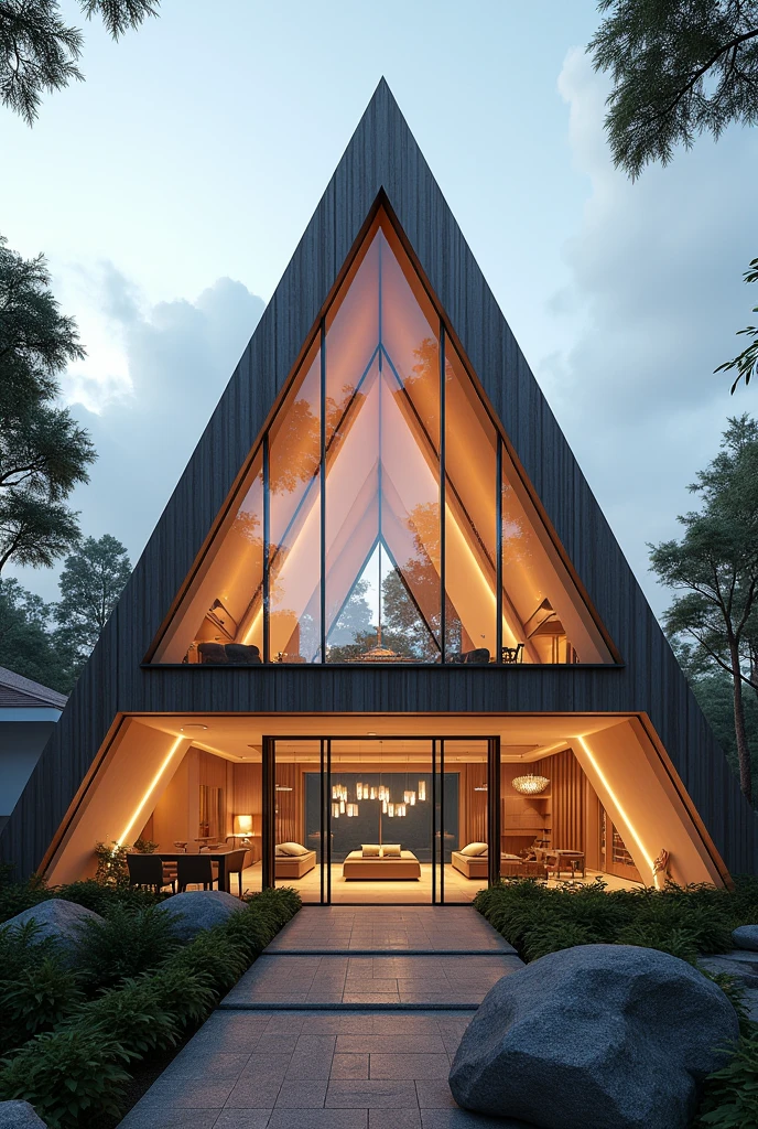 Building in the shape of a rhombus and another rhombus in the center, with glass for natural lighting, that is functional on two floors and with open spaces but that does not lose the shape of the rhombus