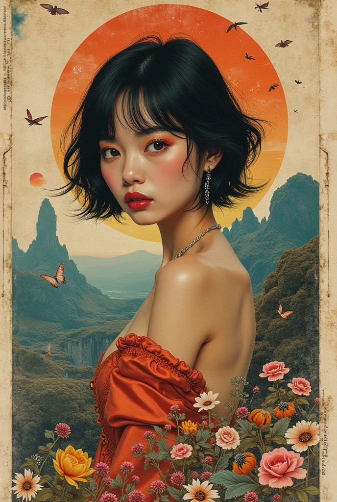 Create a creative arts design, hand-made collage style, inspired by the art of Moebius using a collage technique, ((the words "Gucci or The Girl" written within it)), korean woman,
