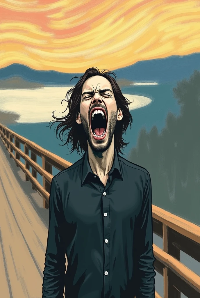 Create an easy-to-draw reinterpretation of the painting “the scream” in the context of today’s society