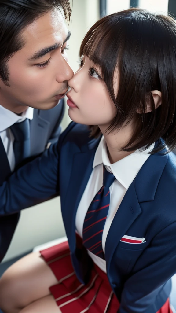 ((masterpiece, Highest quality, High resolution)), Japanese high school girl and her father share a passionate kiss、(Realistic: 1.4), Embarrassed、Great face,Glossy Lips、, short hair、(Beautiful Hair:1.5), Slender、Japanese High School Uniform、(Navy Blue Blazer、Navy blue jacket)、(White dress shirt)、(Red tie)、(Very very short pleated skirt、White underwear、Beautiful legs)、In the bedroom、Standing、((A deep kiss with my father in a suit))、Detailed and real fingers、Smooth, Highly detailed CG composite 8K wallpaper, High resolutionのRAWカラー写真, Professional photography, Light, BackLight, dream-like, impressive, Written boundary depth, (Face close-up:1.5)