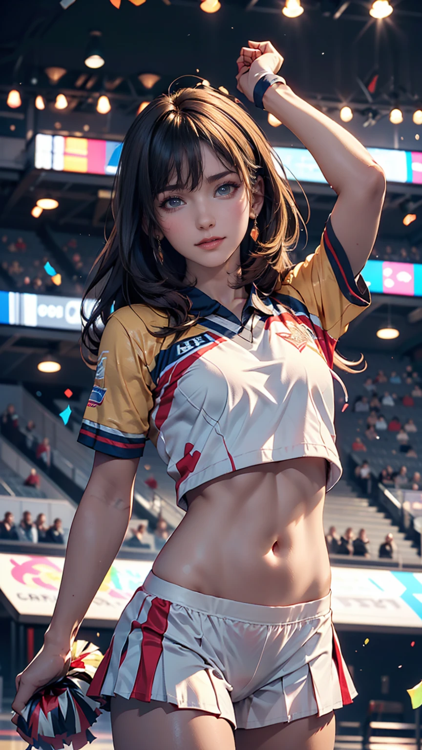 Cheerleader,A small smile,cheer leading,Cheerleader uniform, (((masterpiece))), (((Highest quality))), ((Very detailed)), (figure), ((Very delicate and beautiful)),(Bokeh,Blurred Background),(Best Shadow), One person,White panties, Black Hair, Long Hair, cute,cute,change, Shining highlight spots around the eyes, Character Focus,Tilt your head,