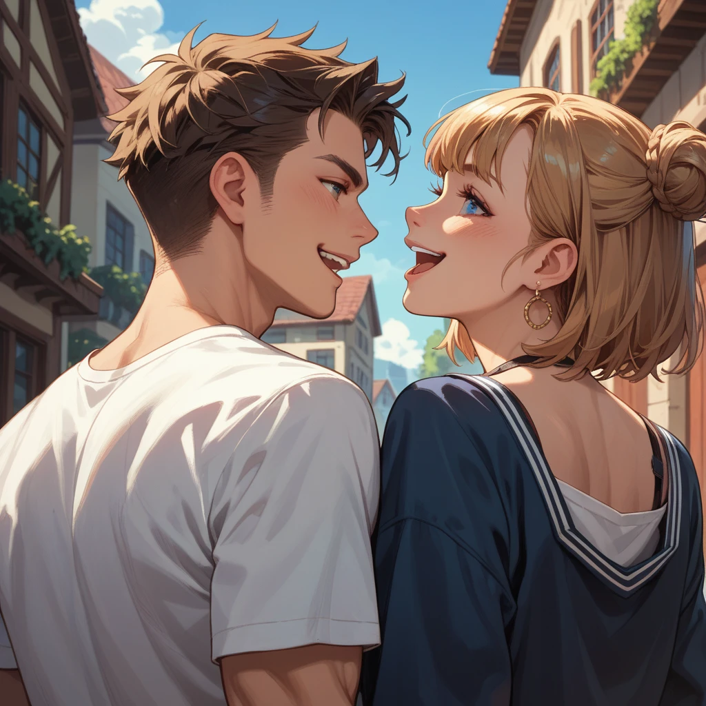 Back view of two high school girls shoulder to shoulder laughing like men.
