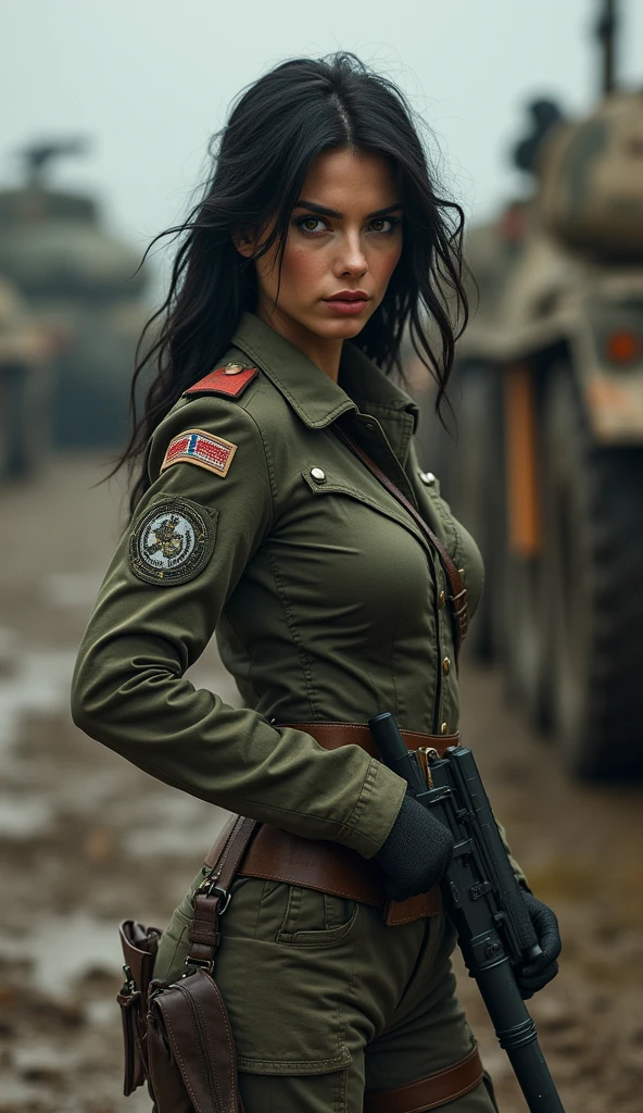 a sexy female soldier, wearing a sexy soldier's uniform, battlefield background, sexy pose, very detailed, very accurate, 4k quality, beautiful lighting, bokeh, beautiful face, awesome lips, black dark hair, very detailed eyes