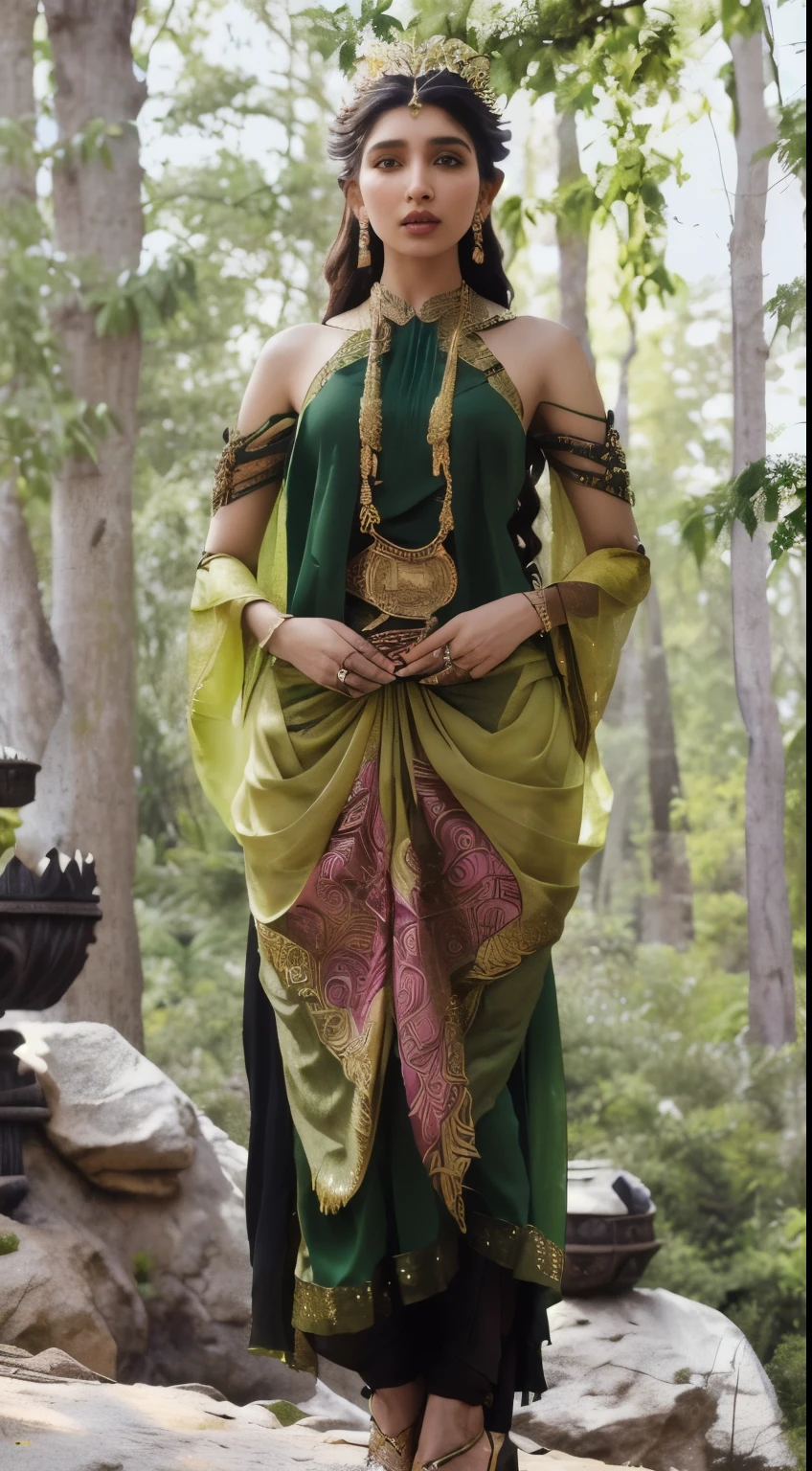 araffe woman in a green and yellow dress standing on a rock, wearing an elegant tribal outfit, wearing a steampunk sari, draped in fleshy green and pink, mahira khan as a mage, mahira khan as a d&d wizard, intricate costume design, wearing elaborate green and gold, with a green cloak, very beautiful elven top model