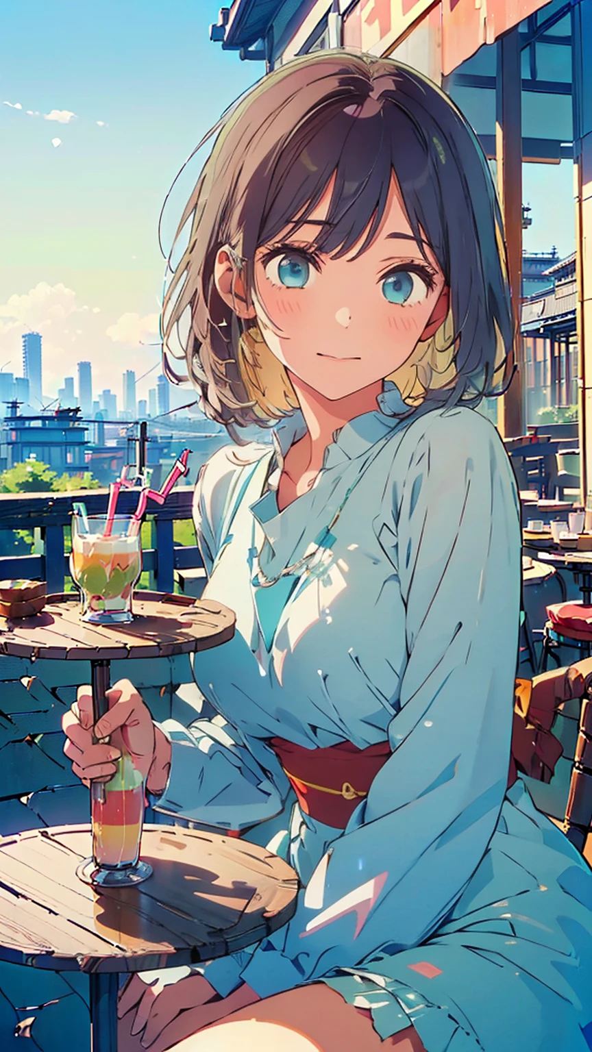 (Highest quality:1.4、masterpiece:1.4、Very detailed:1.4、Ultra-high resolution:1.4、8k:1.4)、Completely naked、Beautiful nipples、The body is slim、Big Breasts、((((1 person、Surprised expression、sit、Chair、In the background you can see the urban buildings of Tokyo.、Looking into the camera、Outdoor cafe terrace、juice、table、Let's get closer and take a photo、Shooting from an angle、Very cute face))))、((((nude、very beautiful areola))))、(Pose with hands behind ears:1.4、Place your cheek on your hand:1.4)、Very blue sky、cloudless sky