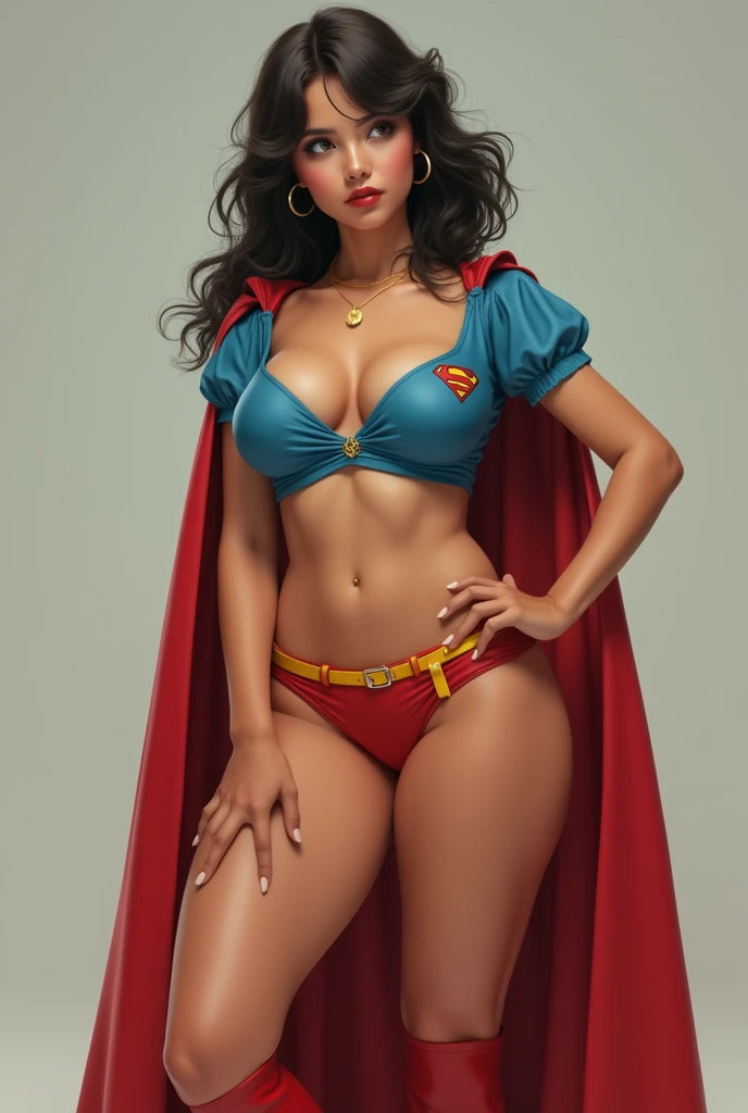 A SEXY BUSTY FEMALE WEARING A 1970 BLUE OPEN V BUTTONLESS BLOUSE WITH A SMALL "S"EMBLEM ON THE RIGHT SIDE OF HER CHEST, A PAIR OF RED SHORTS WITH A YELLOW BELT, TALL RED HEELED BOOTS, A BLUE CHOKER, AND A LONG FLOWING RED CAPE.