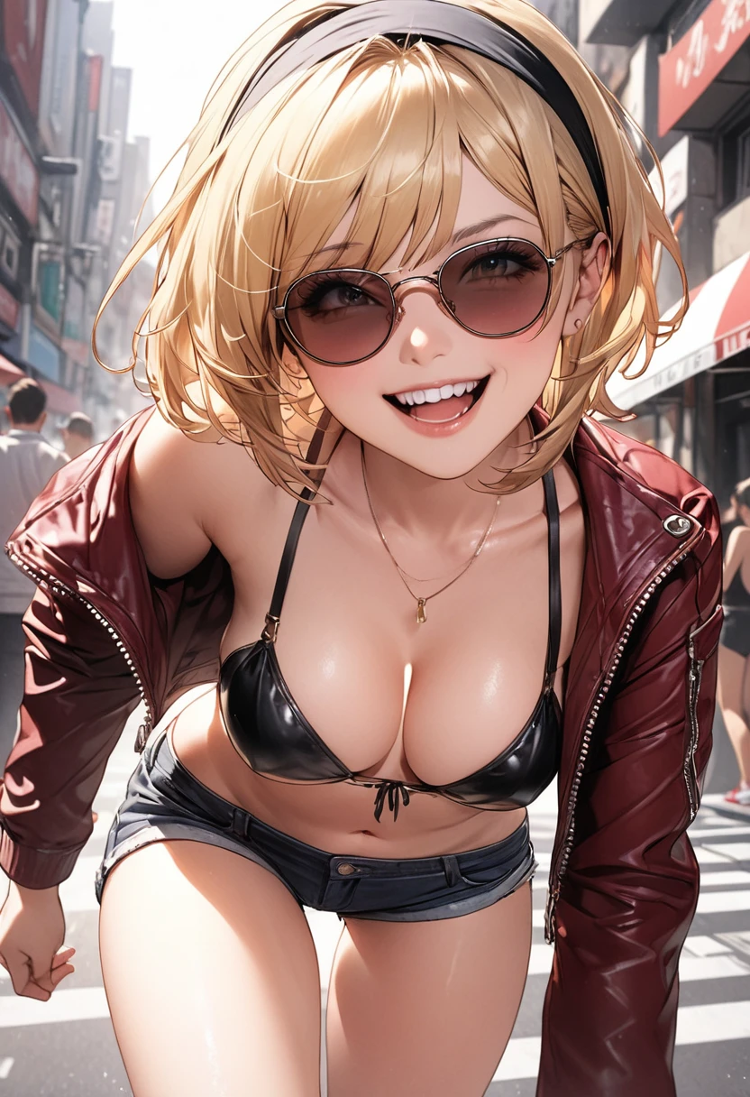 illustration, best quality,  ultra detailed, detailed illustration, 1girl, sexy, short blonde hair, sunglasses, head scarf, medium breasts, black bikini top, short shorts, maroon leather jacket, standing straight, flirty smile, running