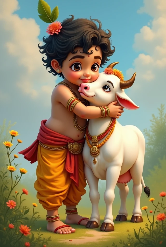Teen age lord krishna hugging cow I need portrait ima
The above image is ok but face look like a girl change it
I need more chubby
It's ok more younger then this above image