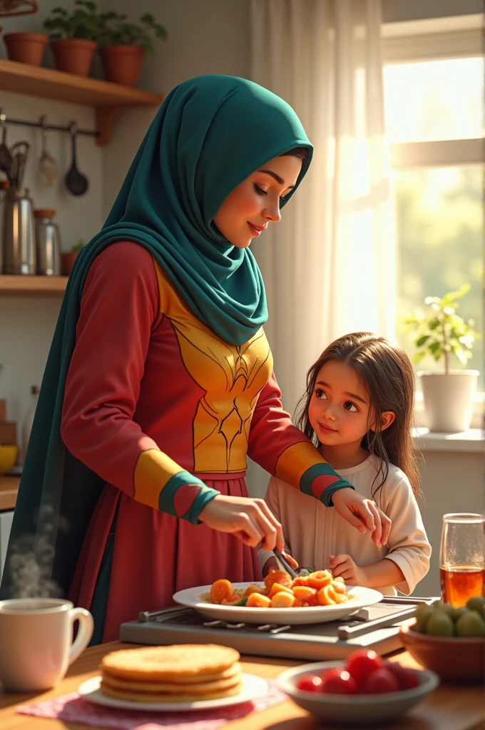 Hijab superhero prepared breakfast for the daughter