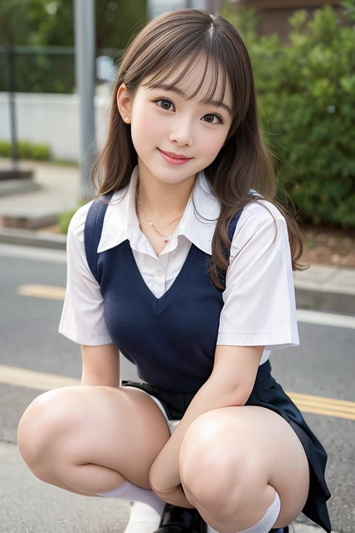 (Realistic, photo Realistic:1.2), ((Highest quality)), moving her center of gravity back, Quite embarrassing, White panties, (Showing panties:1.4),Tight Skirt, (Under the skirt:1.3), (Lift up your skirt:1.3), (squat:1.4), Put your heels on the ground, Spread your legs a little, 膝を上げてsquat, Put your butt on the ground, black penny loafers, Beautiful face details, Real human skin, Gentle expression, Front view, angle From below, Realistic, photoRealistic, cute, Short skirt, squat deep on school grounds, cute school girl, Japanese school girl uniform, Ballet Dress, whole body,Smile, Natural smile, Charming smile, Captivating smile, (View your viewers:1.2), from the front, From below,