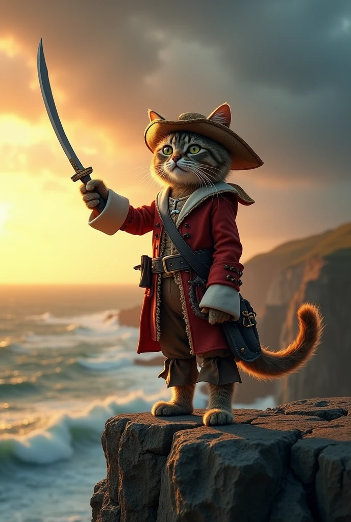 A cute cat pirate is wearing a one-piece costume and a straw hat。He raised his sabre、Standing on a cliff、Overlooking the stormy sea。A new dawn is rising on the horizon。, High quality photos, 3-point lighting, flash with softbox, 4K, Canon EOS R3, High resolution, Smooth, Sharp focus, High resolution, Award-winning photo, 80mm, f2.8, Bokeh