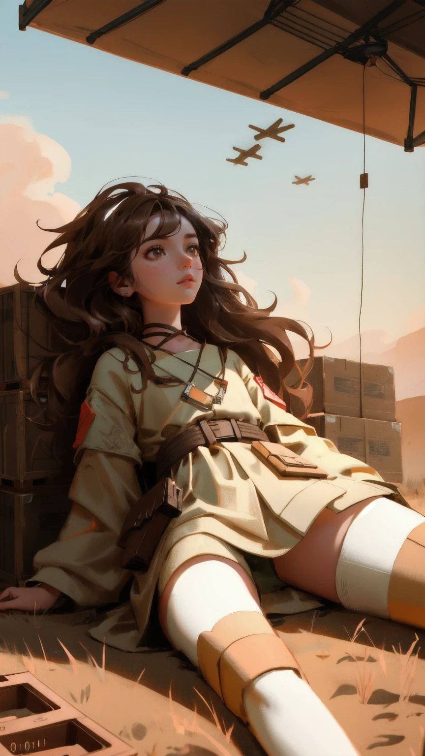 A cute, beautiful girl lying on a barren brown ground, surrounded by floating airdrop crates and glowing tokens descending from the sky, depicting 'Airdrop Addiction.' The earthy tones of the background contrast with the vibrant tokens, highlighting the allure and exhaustion caused by the addiction.